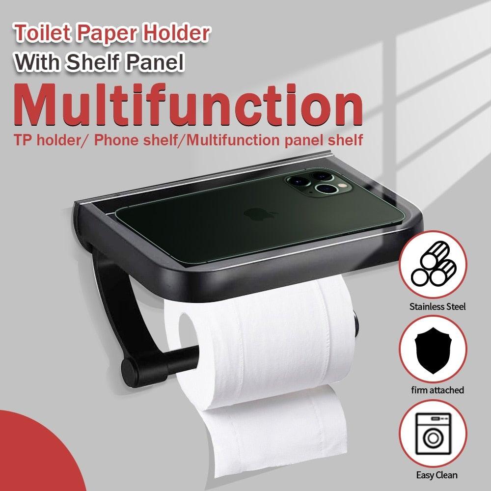 Wall-Mounted Toilet Paper Holder with Shelf in everyday use