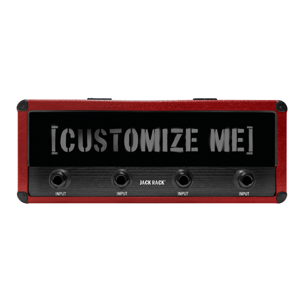 Crimson-red and black amplifier-style Jack Rackr shell with the words CUSTOMIZE ME on the front.