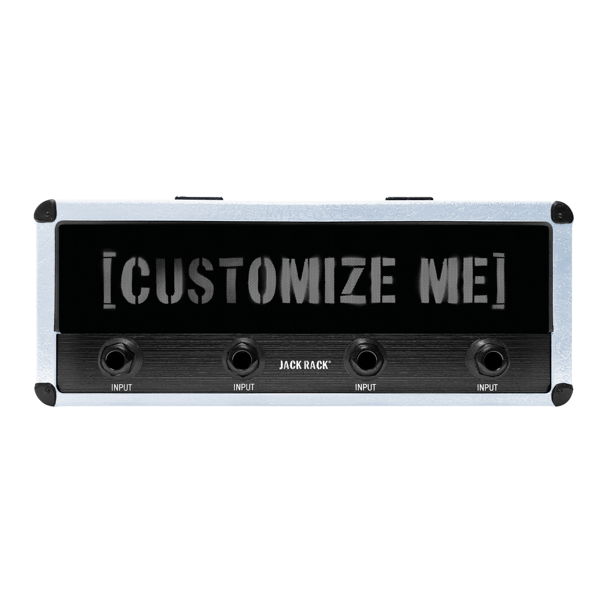 Silver-and-black amplifier-style Jack Rackr shell with CUSTOMIZE ME lettering on the front.