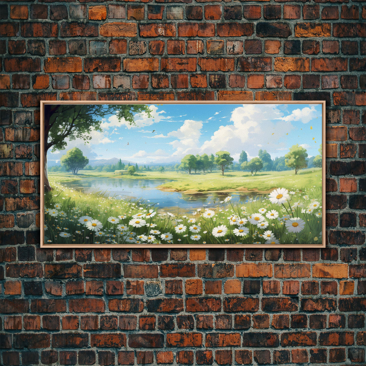 Framed green landscape with a pond and white daisies displayed on a red brick wall.
