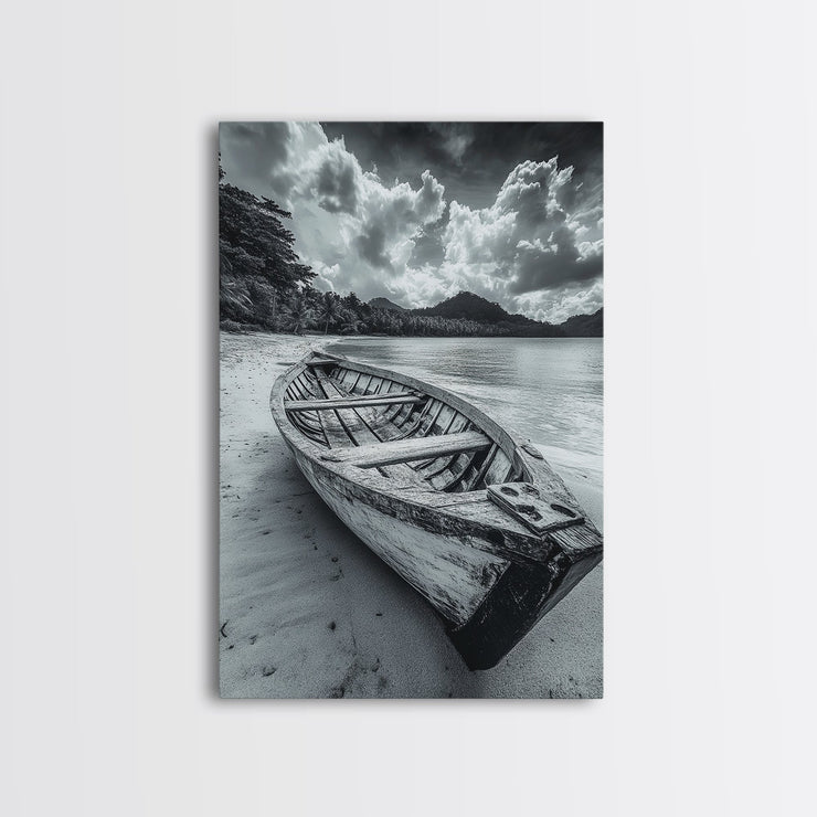 Abandoned Rowboat Black & White Canvas Wall Art