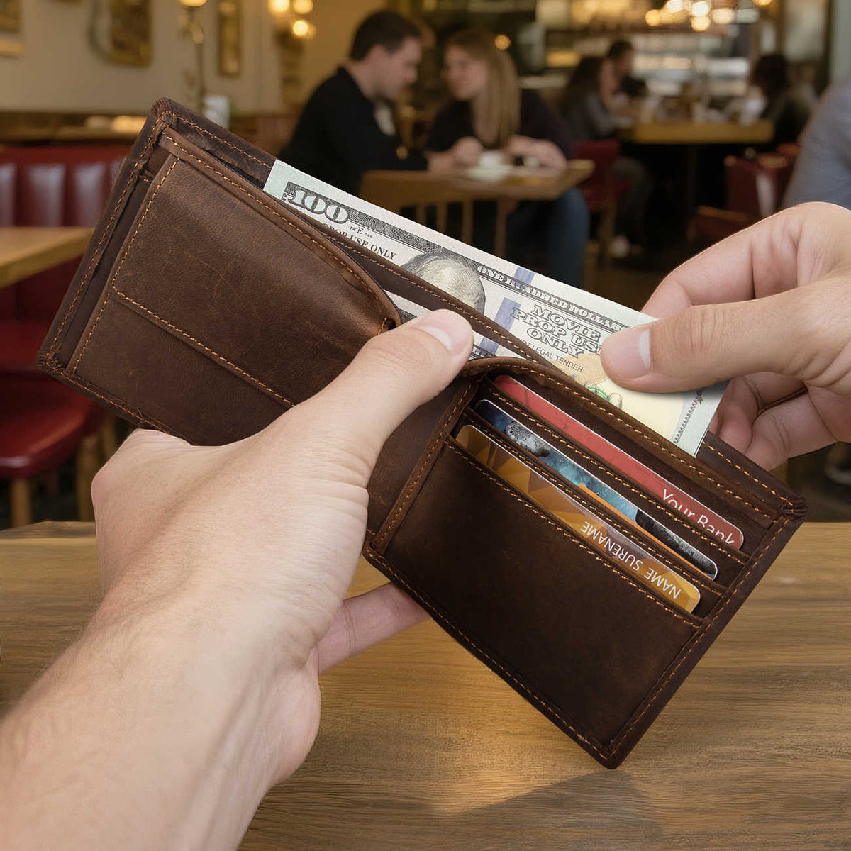 Hands placing banknotes in a brown bifold card wallet with multiple card slots at a table.