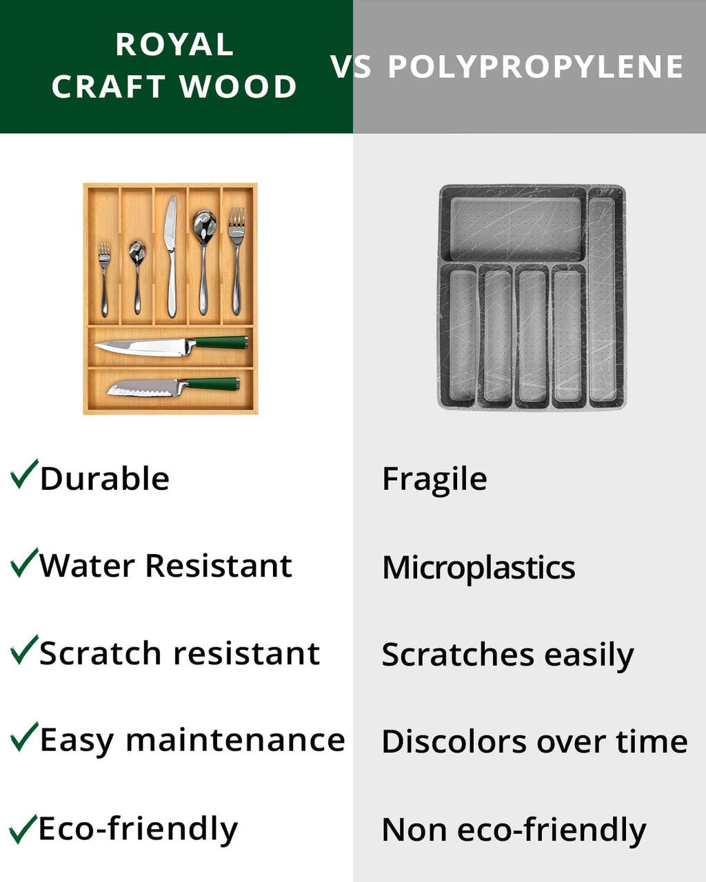 Natural bamboo seven-compartment silverware drawer organizer holding flatware and kitchen knives.