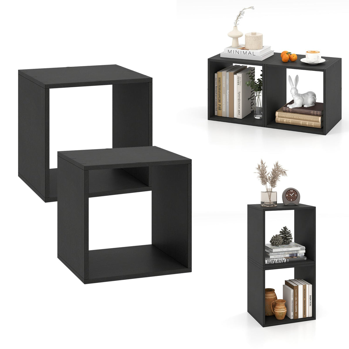 Two black open cube shelves, with inset examples displaying books and small decorative objects.