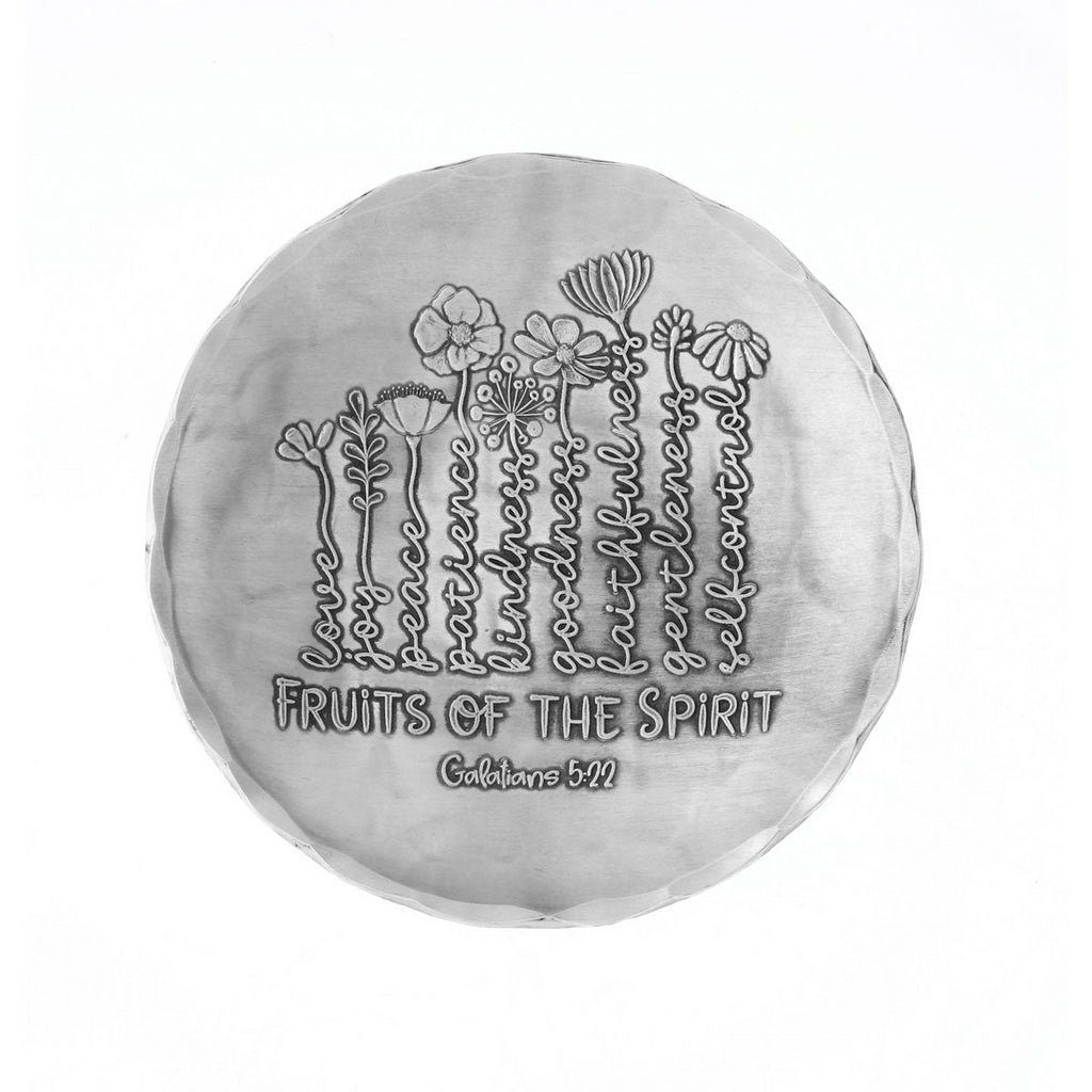 Light-gray round trinket bowl with embossed floral artwork and FRUITS OF THE SPIRIT lettering.