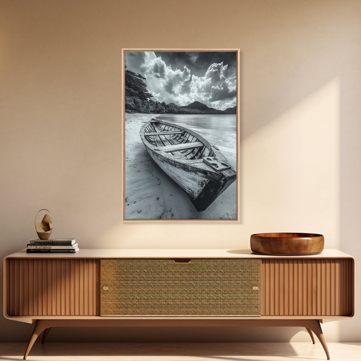 Abandoned Rowboat Black & White Canvas Wall Art