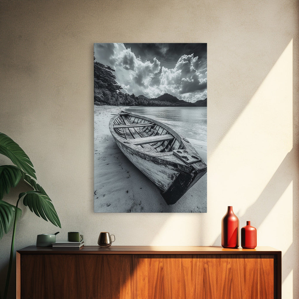 Abandoned Rowboat Black & White Canvas Wall Art