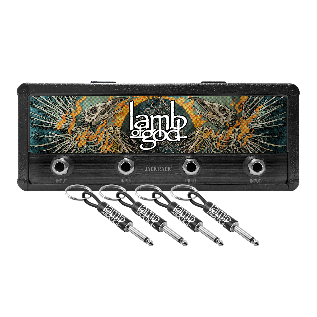 Black Lamb of God amplifier-style key holder with decorative front panel and four plug keychains.