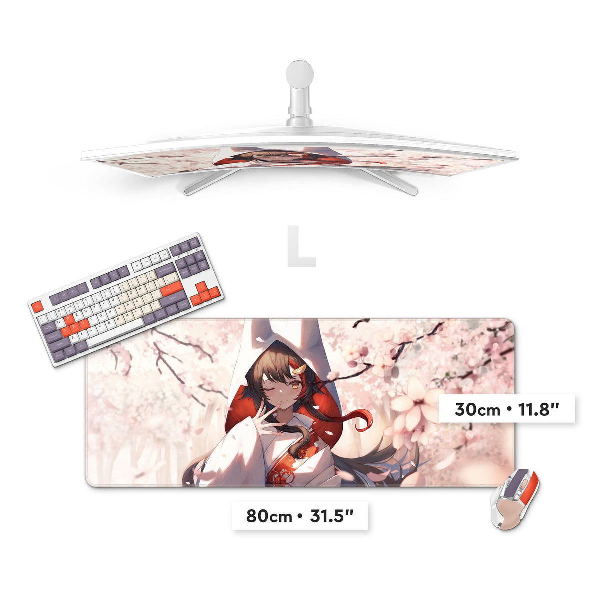 Size diagram of an illustrated gaming desk mat beneath a keyboard and mouse, showing its long rectangular shape.