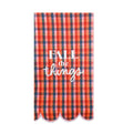 Red, orange and navy plaid tea towel with the white words FALL the things and scalloped edges.