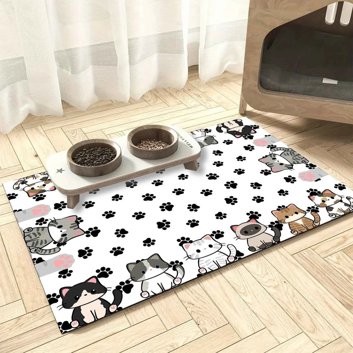 Cartoon Cat Feeding & Litter Area Mat in everyday use