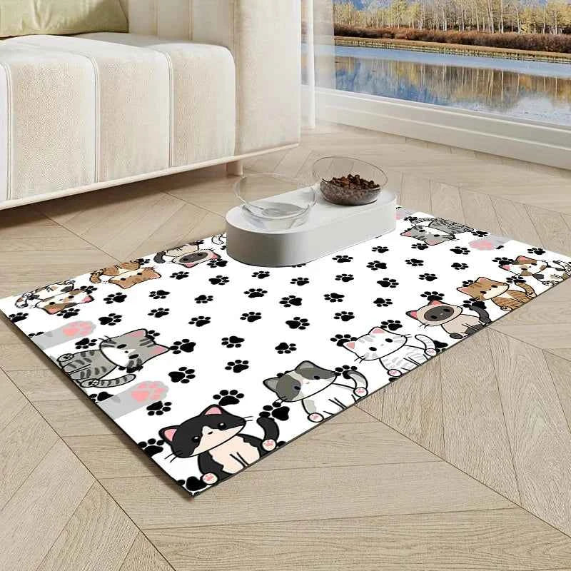 Cartoon Cat Feeding & Litter Area Mat
