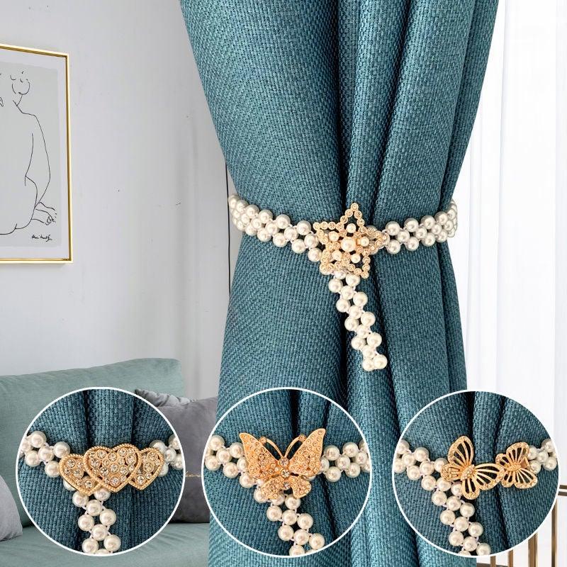 Teal drapes gathered with a cream pearl-and-gold floral tieback, with small close-up examples below.