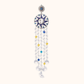Blue evil-eye-style circular hanging ornament with clear crystals, stars and a crescent moon.