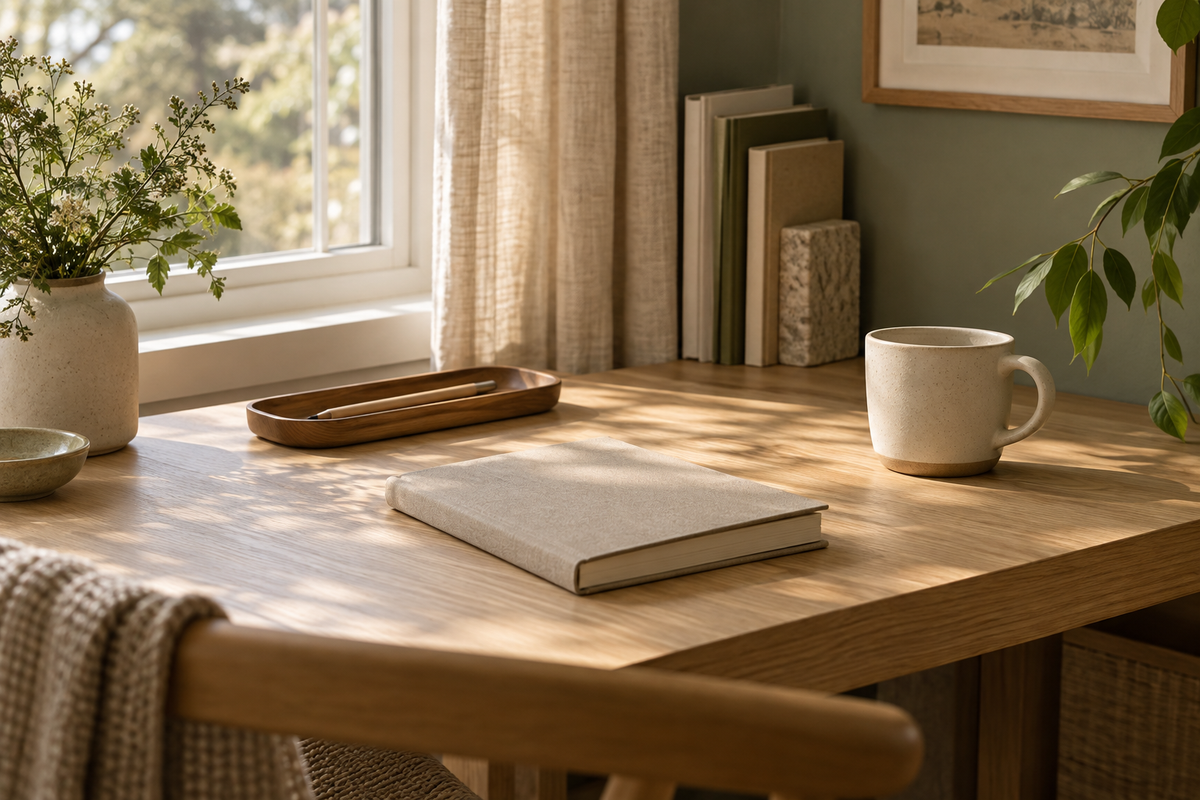 Sunlit desk with a notebook, ceramic coffee cup and natural wooden details