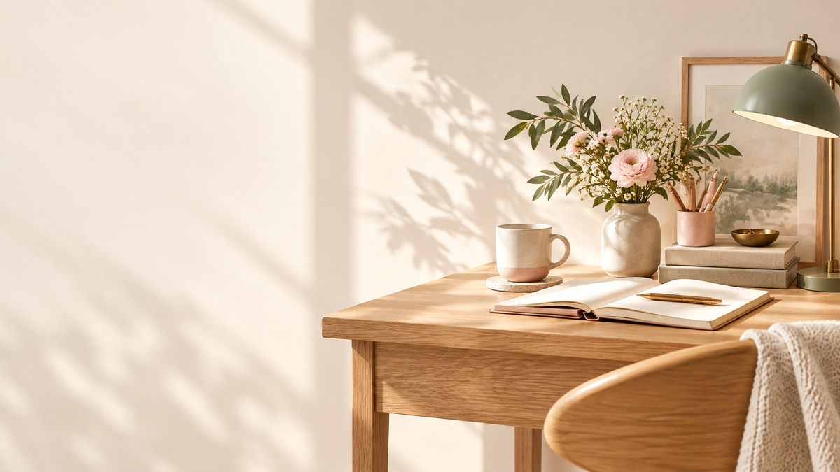 Warm pastel workspace with blush flowers, a notebook, a ceramic mug and a sage lamp