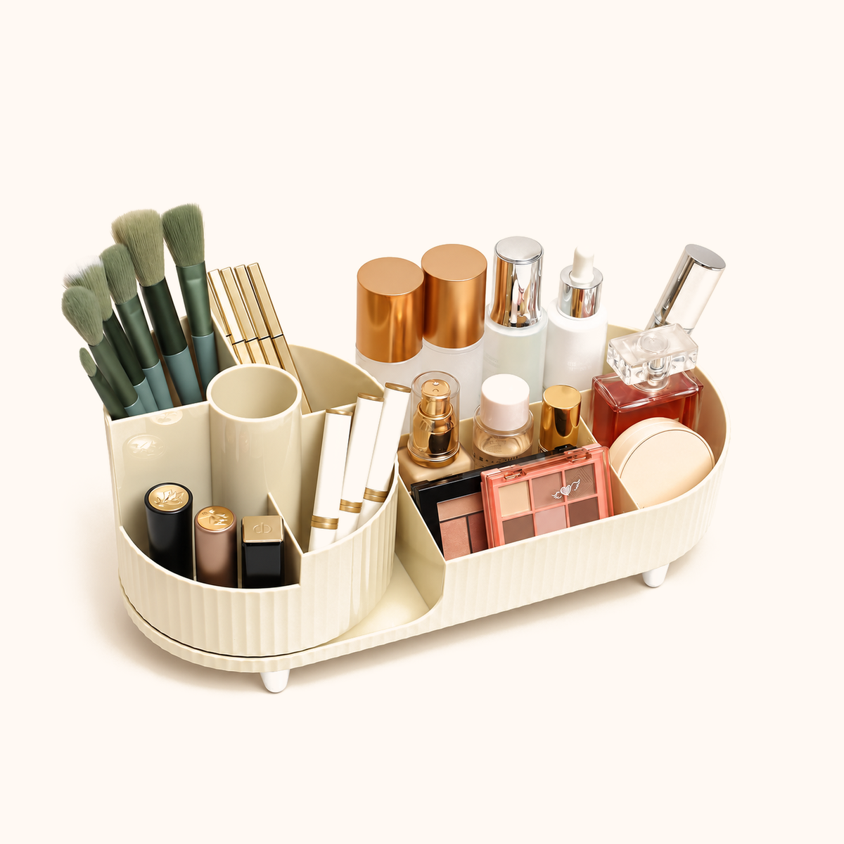Cream-colored rotating countertop makeup organizer filled with brushes, cosmetics and small bottles.
