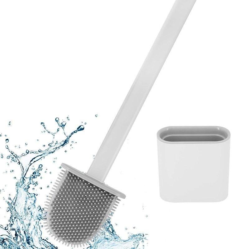 White long-handled toilet brush with gray bristles beside a rectangular white holder and water-splash graphic.