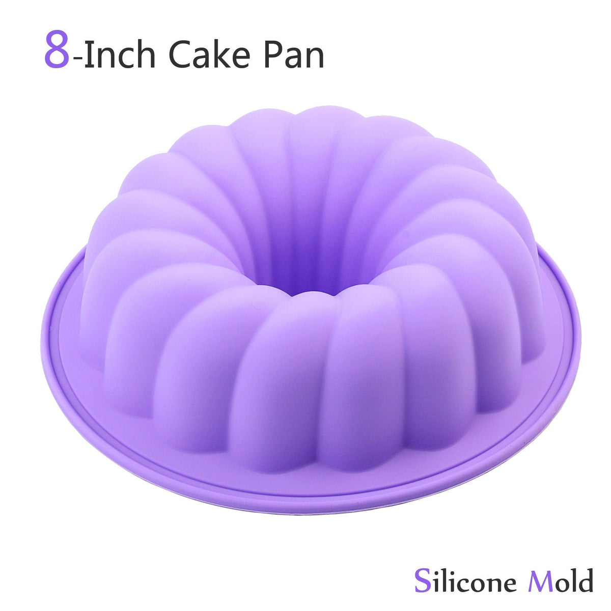 Lavender fluted ring-shaped silicone cake mold shown with an 8-inch size label.