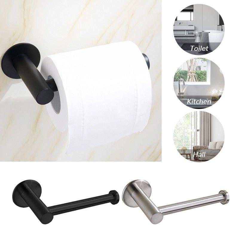 Black wall-mounted horizontal paper roll bar with a white roll, plus inset images of color options.